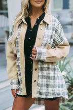 Plaid Patchwork Denim Jacket - Khaki, Distressed, Raw Edge - Fashionfitz