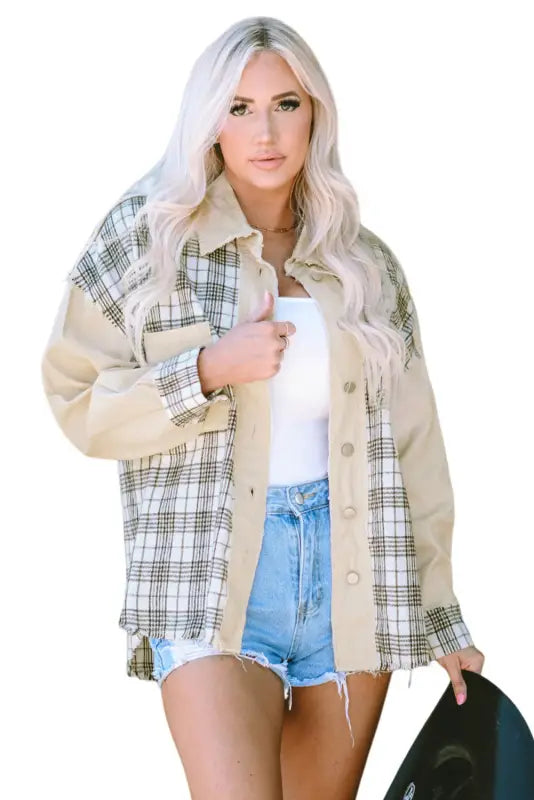 Khaki distressed raw edge plaid patchwork denim jacket - jackets