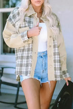 Plaid Patchwork Denim Jacket - Khaki, Distressed, Raw Edge - Fashionfitz