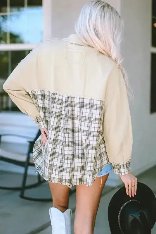 Plaid Patchwork Denim Jacket - Khaki, Distressed, Raw Edge - Fashionfitz