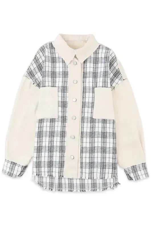 Plaid Patchwork Denim Jacket - Khaki, Distressed, Raw Edge - Fashionfitz