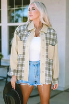 Plaid Patchwork Denim Jacket - Khaki, Distressed, Raw Edge - Fashionfitz