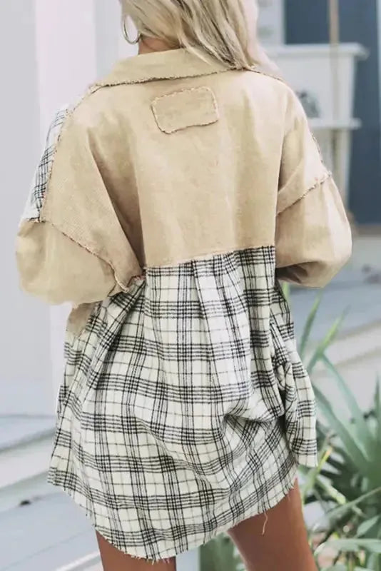 Plaid Patchwork Denim Jacket - Khaki, Distressed, Raw Edge - Fashionfitz