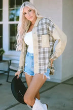 Plaid Patchwork Denim Jacket - Khaki, Distressed, Raw Edge - Fashionfitz