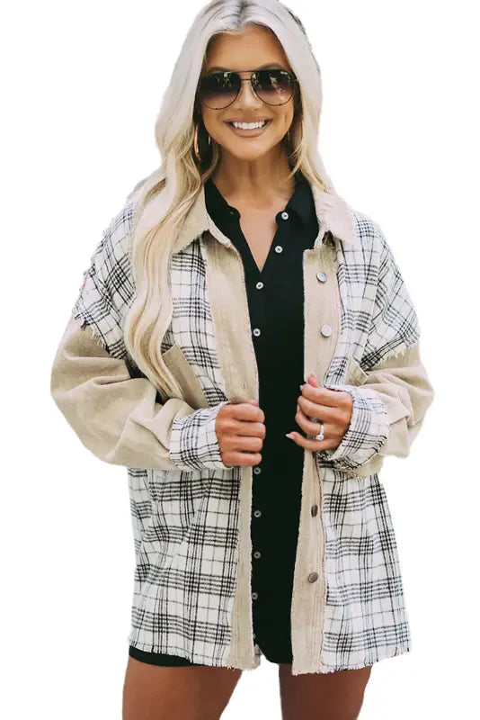 Khaki distressed raw edge plaid patchwork denim jacket - jackets