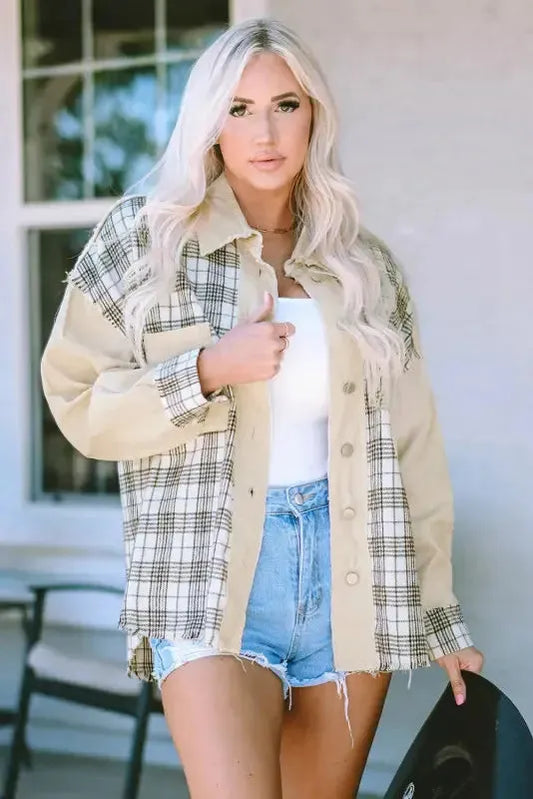 Plaid Patchwork Denim Jacket - Khaki, Distressed, Raw Edge - Fashionfitz