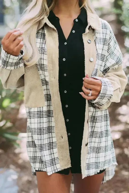 Plaid Patchwork Denim Jacket - Khaki, Distressed, Raw Edge - Fashionfitz