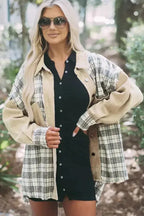 Plaid Patchwork Denim Jacket - Khaki, Distressed, Raw Edge - Fashionfitz