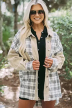 Plaid Patchwork Denim Jacket - Khaki, Distressed, Raw Edge - Fashionfitz