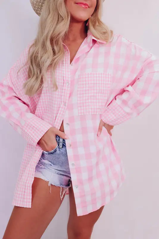 Plaid patchwork shirt - pink / s / 50% polyester + 50% cotton - shirts