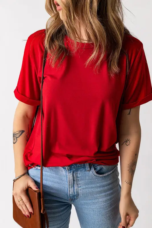 Plain crew neck t-shirt - red-2 / s / 95% polyester + 5% elastane - t-shirts