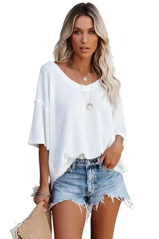 Plain Waffle Knit Drop Shoulder Loose Top - Fashionfitz