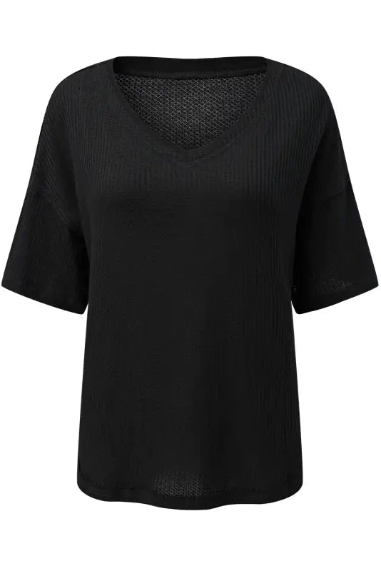 Black waffle knit drop shoulder loose top - tops