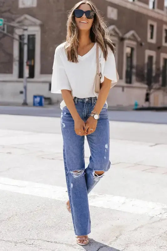 Plain Waffle Knit Drop Shoulder Loose Top - Fashionfitz