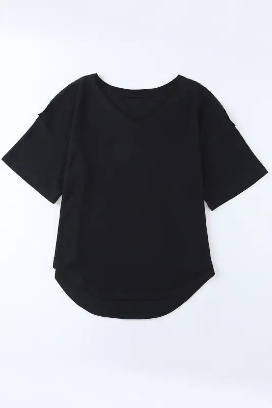 Black waffle knit drop shoulder loose top - tops