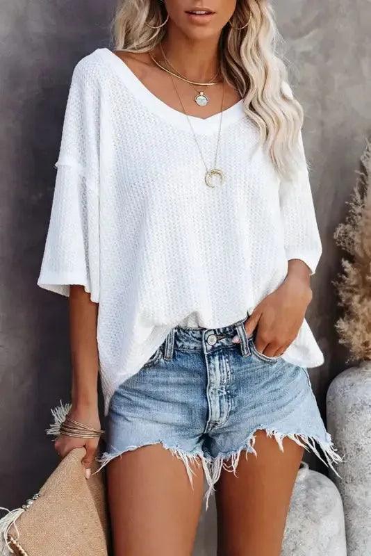 Plain Waffle Knit Drop Shoulder Loose Top - Fashionfitz