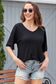 Black waffle knit drop shoulder loose top - tops