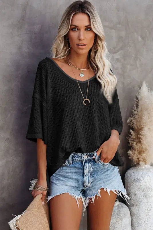 Black waffle knit drop shoulder loose top - tops