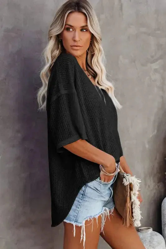 Plain Waffle Knit Drop Shoulder Loose Top - Fashionfitz