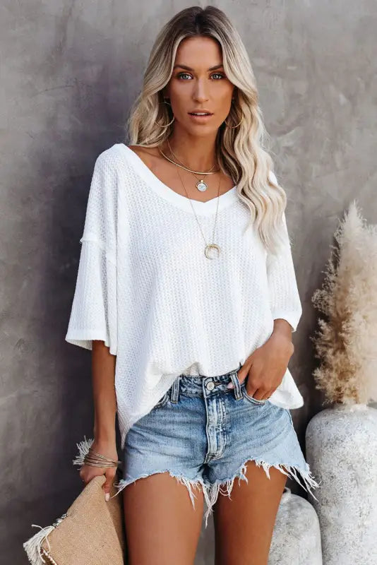 Black waffle knit drop shoulder loose top - tops