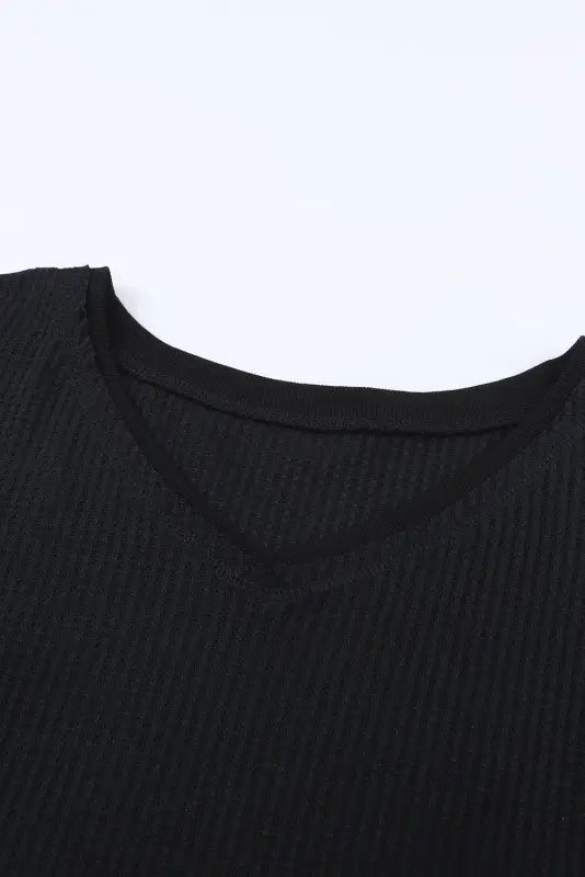 Black waffle knit drop shoulder loose top - tops