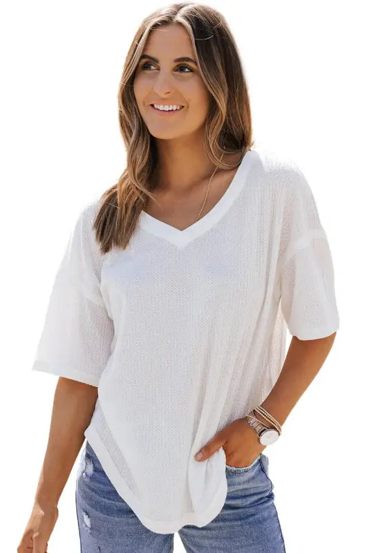 Black waffle knit drop shoulder loose top - tops