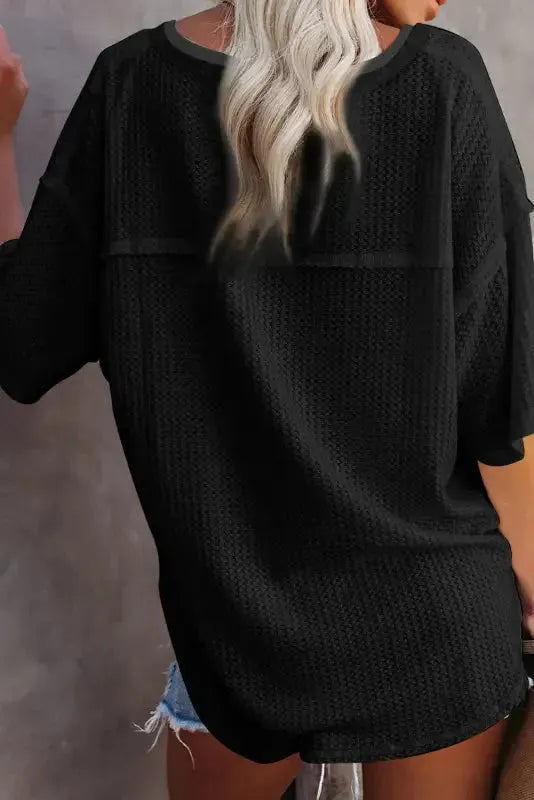 Plain Waffle Knit Drop Shoulder Loose Top - Fashionfitz