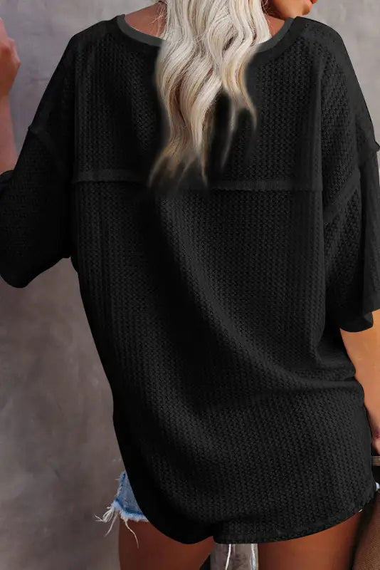 Black waffle knit drop shoulder loose top - tops