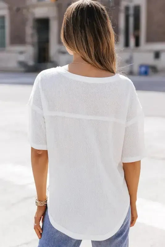 Plain Waffle Knit Drop Shoulder Loose Top - Fashionfitz