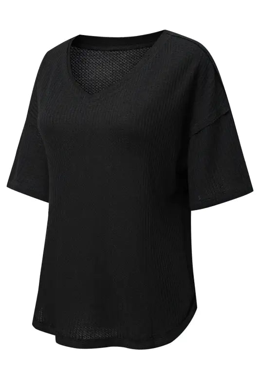 Black waffle knit drop shoulder loose top - tops