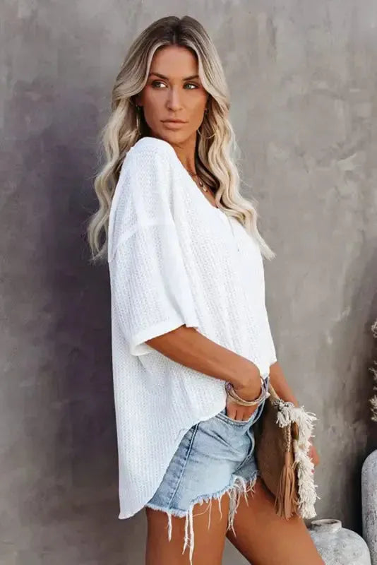 Plain Waffle Knit Drop Shoulder Loose Top - Fashionfitz