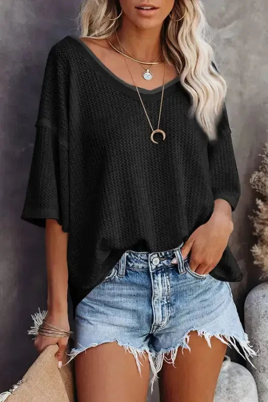Plain Waffle Knit Drop Shoulder Loose Top - Fashionfitz