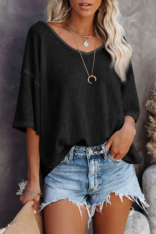 Black waffle knit drop shoulder loose top - tops