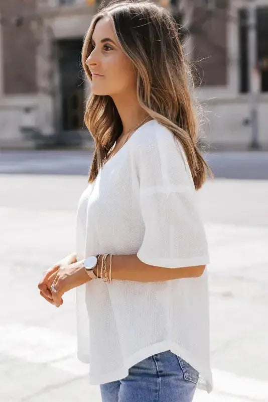 Plain Waffle Knit Drop Shoulder Loose Top - Fashionfitz