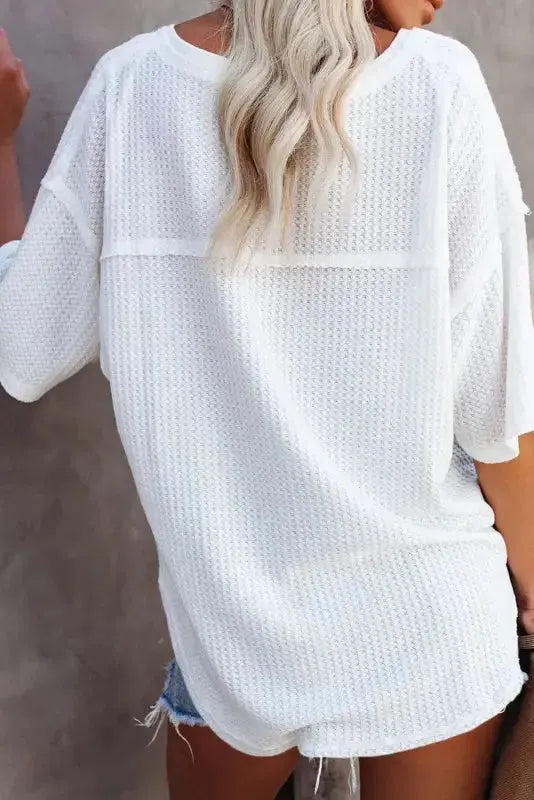 Plain Waffle Knit Drop Shoulder Loose Top - Fashionfitz