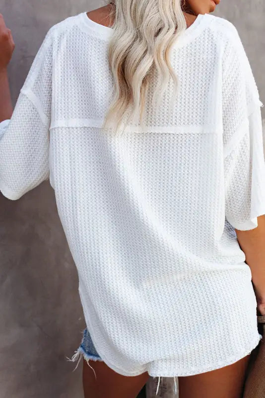 Black waffle knit drop shoulder loose top - tops