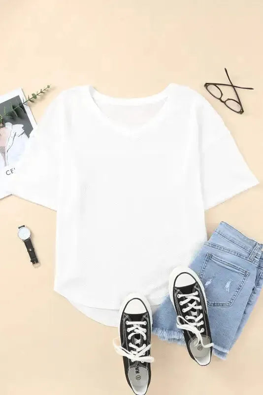 Plain Waffle Knit Drop Shoulder Loose Top - Fashionfitz