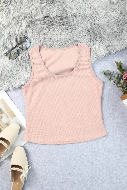 White plain waffle knit u neck tank top - tops