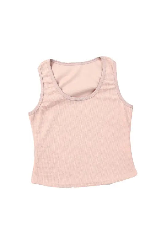 White plain waffle knit u neck tank top - tops