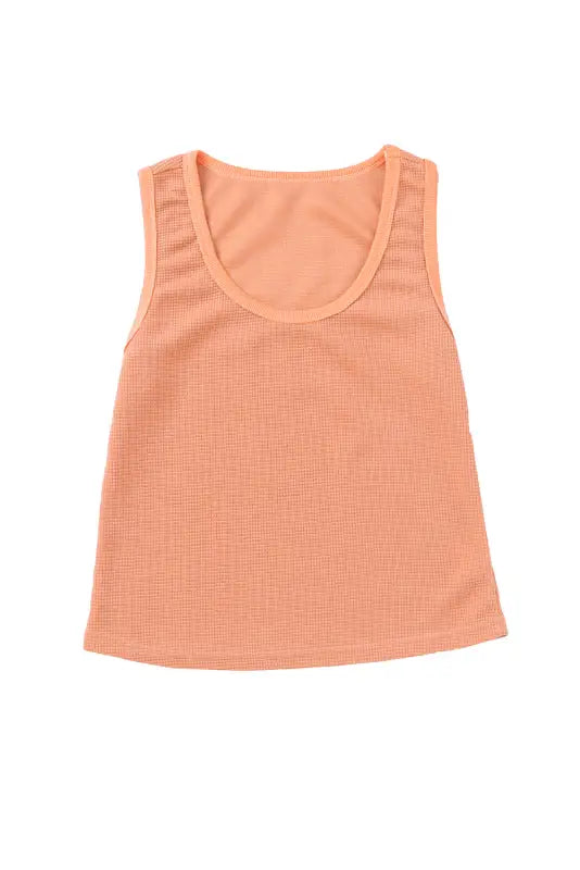 White plain waffle knit u neck tank top - tops