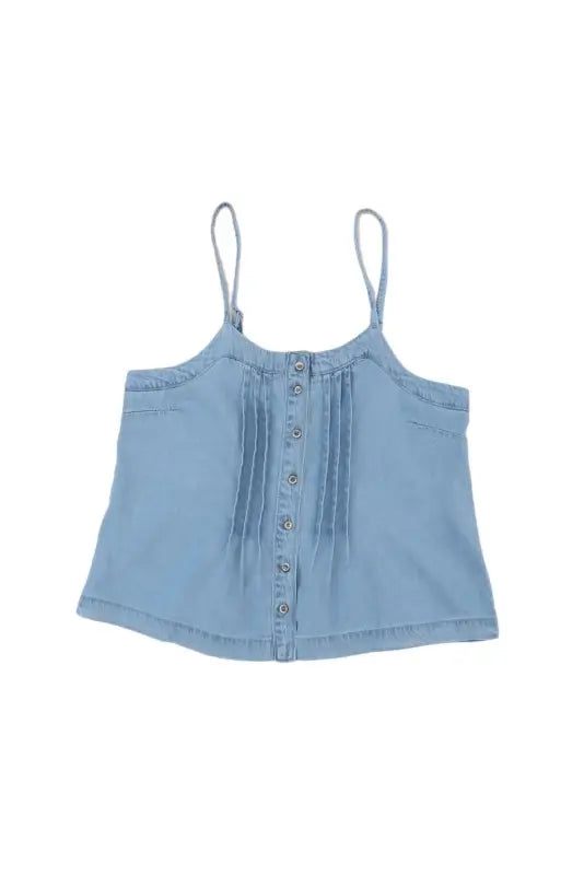 Sky blue pleated buttons denim tank top - tops