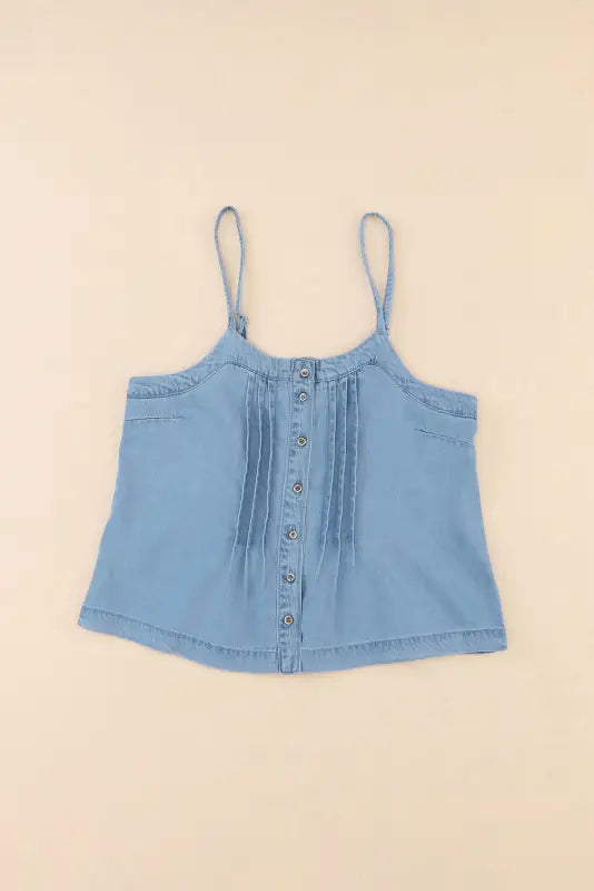 Sky blue pleated buttons denim tank top - tops