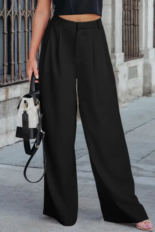 Pleated elegant wide leg pants - black / s / 95% polyester + 5% elastane - suit