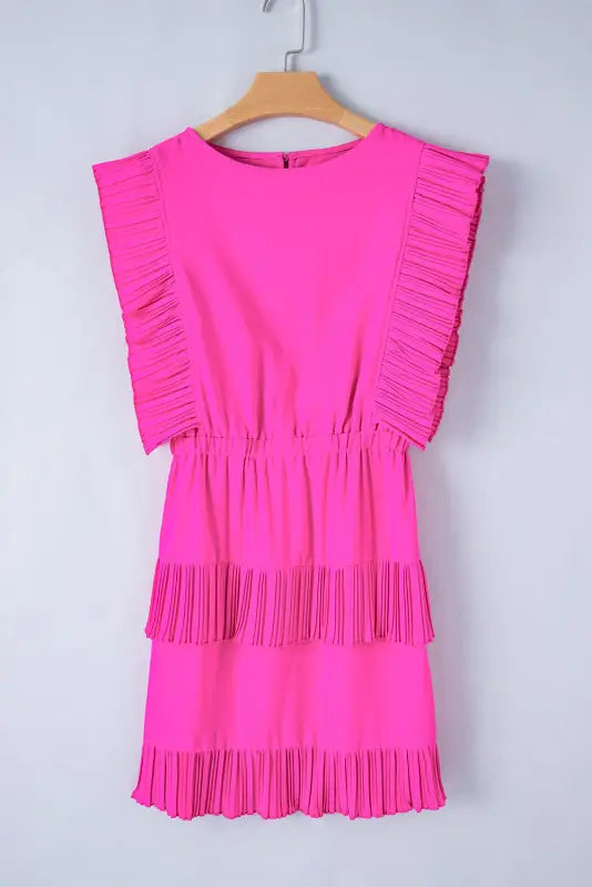 Pleated layered flutter mini dress - bright pink / s / 100% polyester - dresses/mini dresses