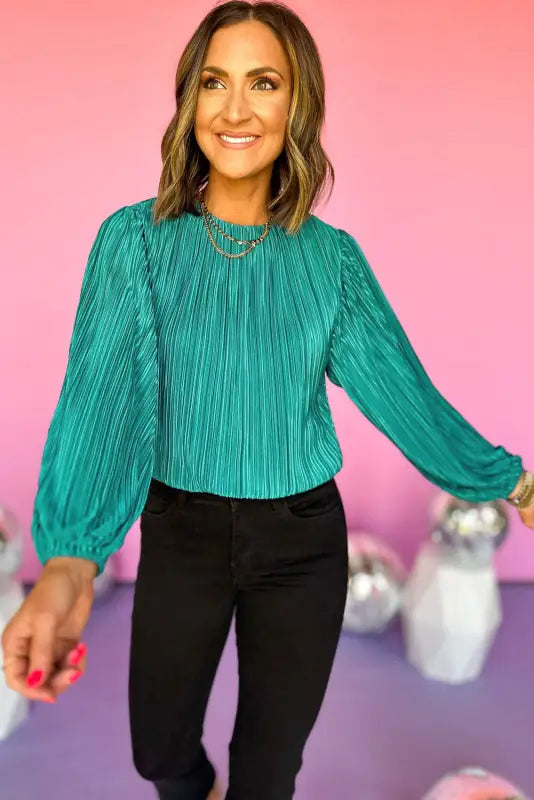 Pleated luster long sleeve blouse - blouses