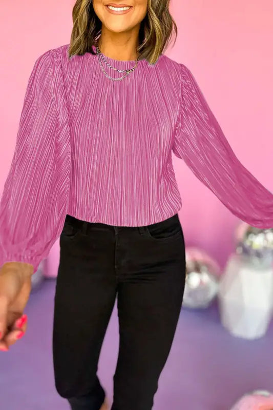 Pleated luster long sleeve blouse - bonbon / s / 100% polyester - blouses