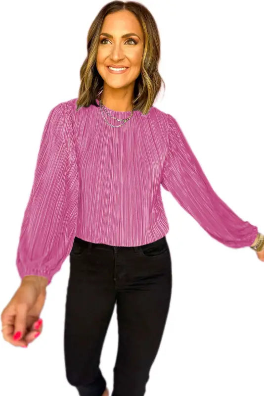 Pleated luster long sleeve blouse - blouses