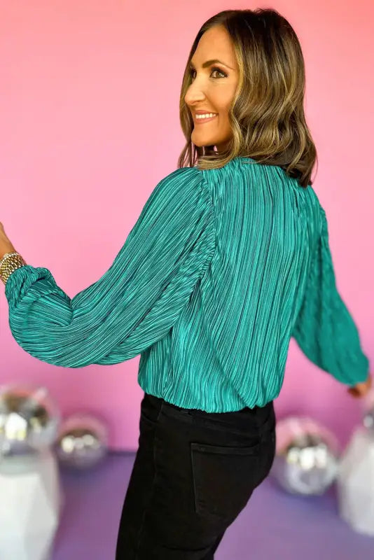 Pleated luster long sleeve blouse - blouses