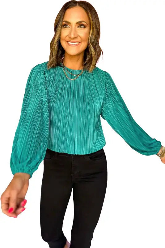 Pleated luster long sleeve blouse - blouses