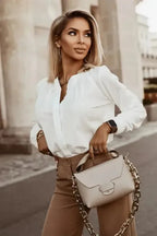 Pleated Neck Stretch Cuff Shirt - Fashionfitz